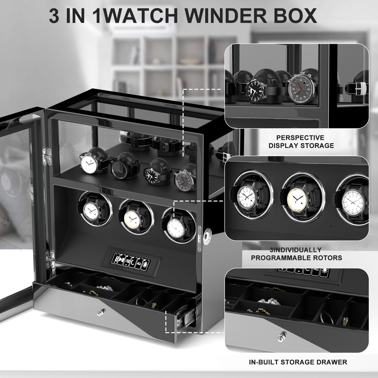 Fingerprint Activated Automatic Watch Winder w/ Storage Drawer