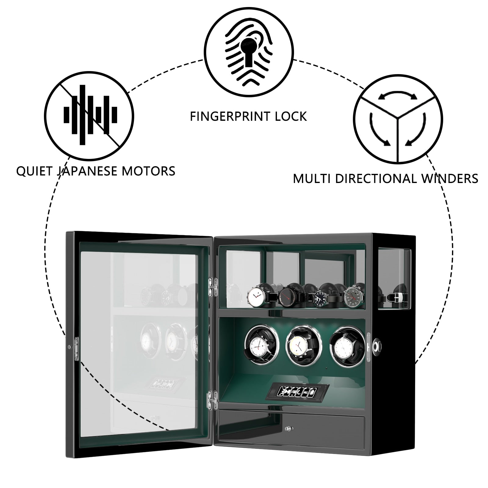 Fingerprint Activated Automatic Watch Winder w/ Storage Drawer